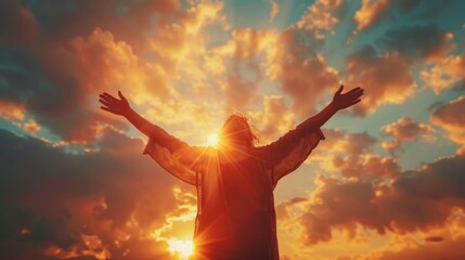 Jesus Christ with open arms reaching out in the sky, hand gestures of Jesus dying on the cross and resurrected, heaven and salvation, faith and love, Easter concept