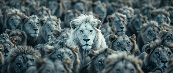 Solitary White Lion Stands Prominently Amidst Regal Pride Symbolizing Unique Leadership