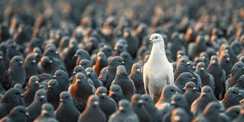 White Pigeon Amidst Flock of Grey Pigeons Symbolizing Uniqueness and Leadership