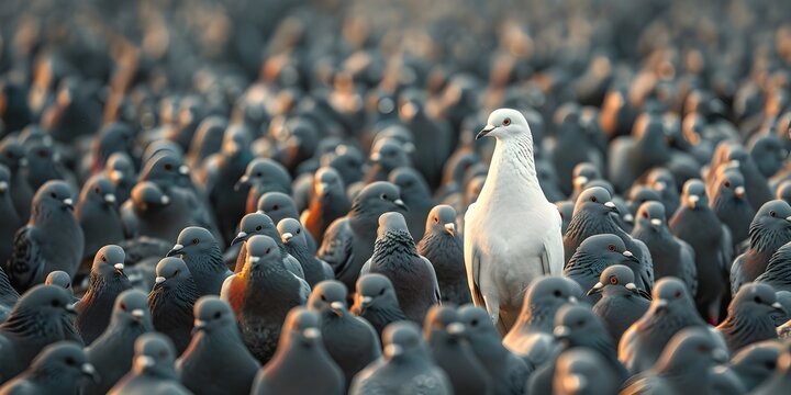 White Pigeon Amidst Flock of Grey Pigeons Symbolizing Uniqueness and Leadership