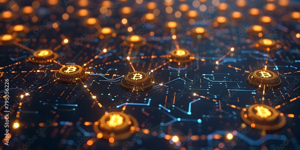 Poster glowing interconnected nodes depicting the bitcoin blockchain s lightning network for rapid defi tra