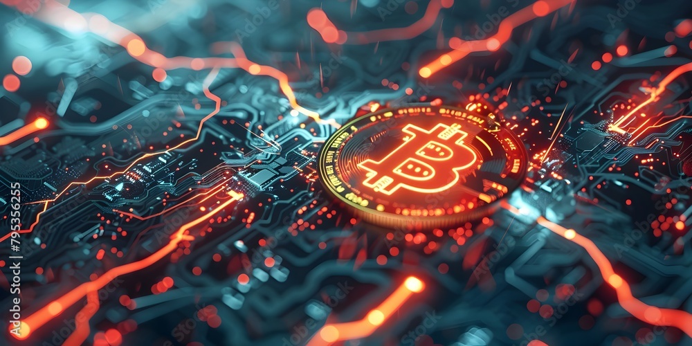 Poster efficient and futuristic bitcoin blockchain network diagram with lightning streaks