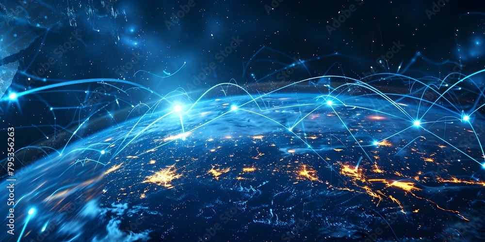 Poster global digital reach of cryptocurrency transactions visualized through interconnected lightning bolt