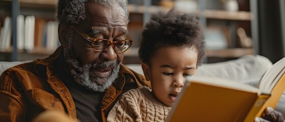 Grandfather and grandchild with afro hair read bedtime story on couch. Concept Family Time, Generations, Storytelling Bond, Afro Hair, Bedtime Routine