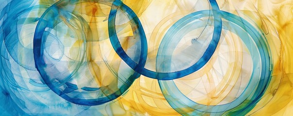 Layers of blue and yellow circles - Abstract watercolor rings