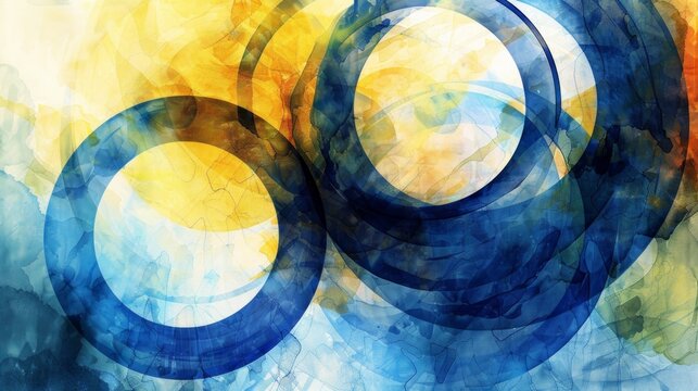 Layers of blue and yellow circles - Abstract watercolor rings