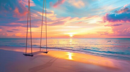 Tropical sunset beach and sky background as exotic summer landscape with beach swing or hammock and...