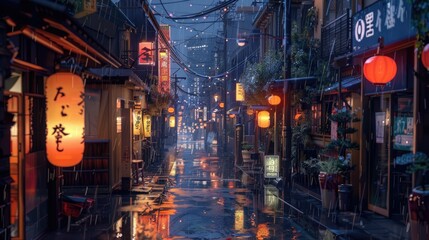 A beautiful japanese tokyo city town in the evening, digital art, anime style