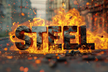 a sign that says Steel in a fiery industrial setting