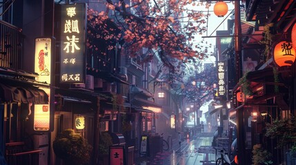 A beautiful japanese tokyo city town in the evening, digital art, anime style