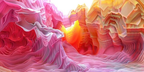 3D Rendered Cave with Pink and Yellow Undulating Forms