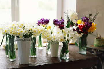 Collection of beautiful fresh flowers in stylish vases on white background