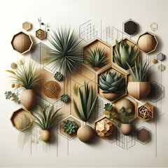 Picture of a geometric, 8K, intricate wall art piece with living plants