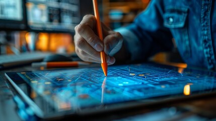Obraz premium Architect working with stylus on electronic tablet