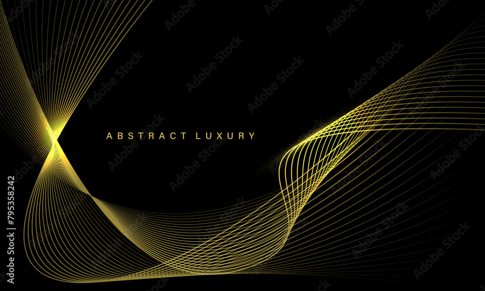 Poster abstract gold line wave mesh curve overlap on black luxury design modern creative background vector