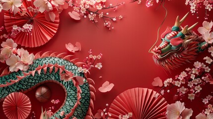 Lunar New Year background with Chinese dragon, folding paper fans, sakura on a red background. Flat lay, top view.