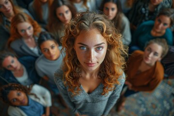 Woman with curly blonde hair surrounded by diverse group of women