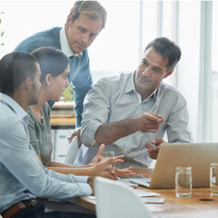 Team, business people and laptop for training in office meeting, coaching and designer learning...