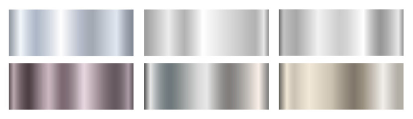 A set of silver metallic gradients on a white background. Metallic gradient effects for the design of text and bulletin boards, infographics. Metal banner. Vector EPS 10.
