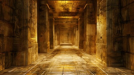 An atmospheric interior of an ancient Egyptian temple with golden light illuminating the hieroglyphics carved on the walls and columns.