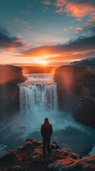 Majestic landscape of waterfall flowing with colorful sunset sky and male tourist standing at the cliff. - obrazy, fototapety, plakaty