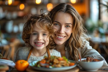 Mother and daughter enjoying a meal together, both smiling at the camera
