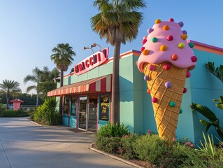 A neon sign for a restaurant with a giant ice cream cone on the front. The building is bright and colorful, and the ice cream cone is a large, colorful decoration
