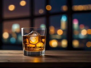 the whiskey in the glass with beauty blur city background - obrazy, fototapety, plakaty