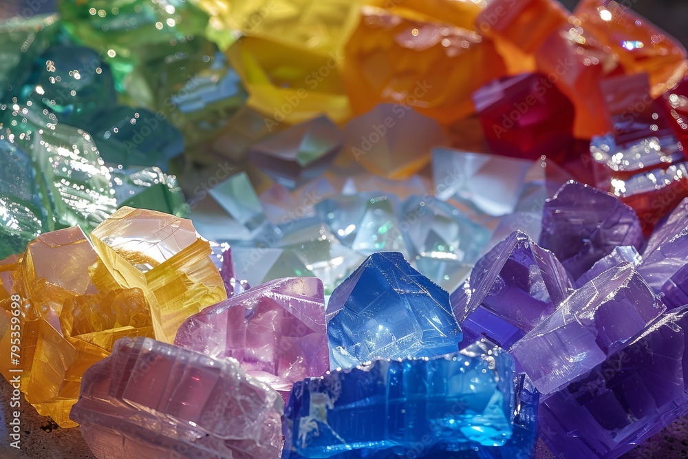 Poster rainbow-colored chakra stones transparently arranged in a circular pattern
