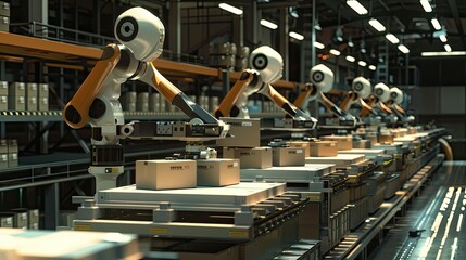 Automated warehouse with robotic arms sorting packages