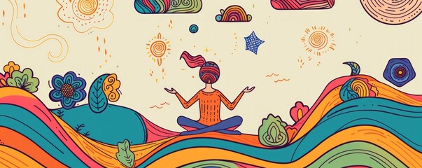 Mindfulness Meditation. Cheerful hand-drawn doodle illustration depicting mindfulness concept.