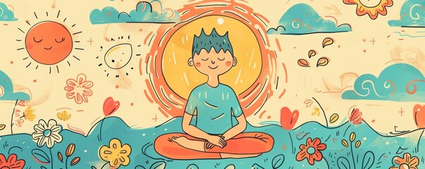 Mindfulness Meditation. Cheerful hand-drawn doodle illustration depicting mindfulness concept.