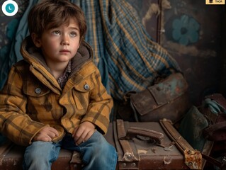 A young boy is sitting on a suitcase with a yellow jacket on. The suitcase is old and has a worn look to it. The boy appears to be looking at something, but it is not clear what he is looking at