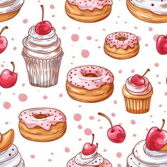 seamless Watercolor Dessert Pattern. cute watercolor cupcake donuts, cake patterns for wallpapers, fabrics, textiles, and banners.