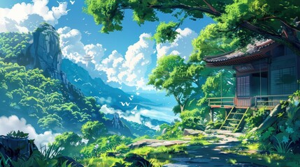Beautiful anime-style illustration of a japanese landscape, digital art illustration