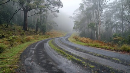Obraz premium Misty road winding through a forest landscape, shrouded in fog, creating a mysterious and serene atmosphere.