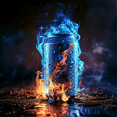  close up beer can on fire with blue flames over - obrazy, fototapety, plakaty