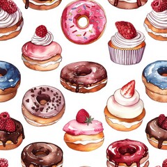 seamless Watercolor Dessert Pattern. cute watercolor cupcake donuts, cake patterns for wallpapers, fabrics, textiles, and banners.