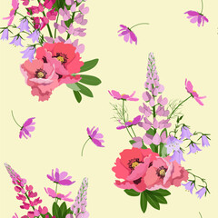 Seamless vector illustration with lupine, poppy and campanula on a beige background.