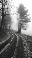 Misty road winding through a forest landscape, shrouded in fog, creating a mysterious and serene atmosphere.