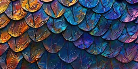 Abstract art of dragon skin in seamless iridescent fantasy scales pattern design. Close Up intricate hyper realistic beautiful animal skin.