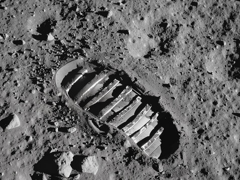 Gros-plan sur l'empreinte de la botte d'un astronaute dans le sol poussiéreux de la Lune.