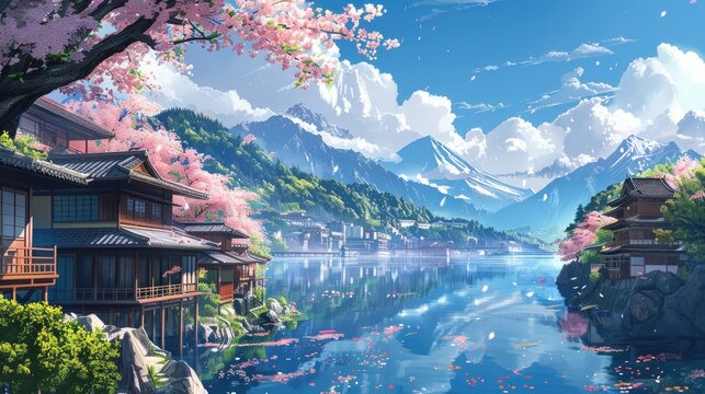 Fototapeta Beautiful anime-style illustration of a japanese landscape, digital art illustration