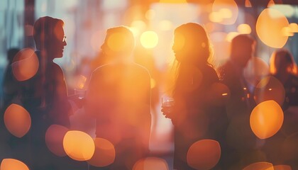 Silhouetted figures with drinks at networking event, warm bokeh lights, concept of informal business socializing, community