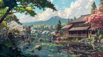 Beautiful anime-style illustration of a japanese landscape, digital art illustration