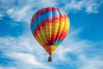 Rainbow-colored hot air balloon floating elegantly with a transparent sky