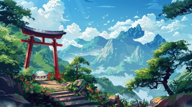 Fototapeta Beautiful anime-style illustration of a japanese landscape, digital art illustration