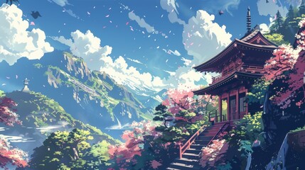 Beautiful anime-style illustration of a japanese landscape, digital art illustration