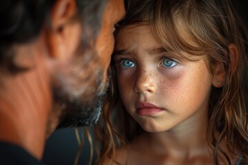 A man with facial hair intimately consoles his young daughter against a dark background, showing care and protectiveness