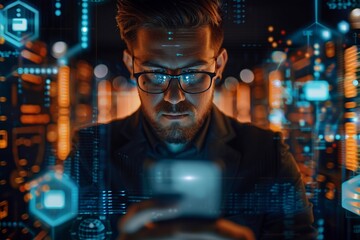Fototapeta premium Visualize a scene where a businessman employs a smartphone integrated with cybersecurity technology to safeguard personal data and ensure secure internet access